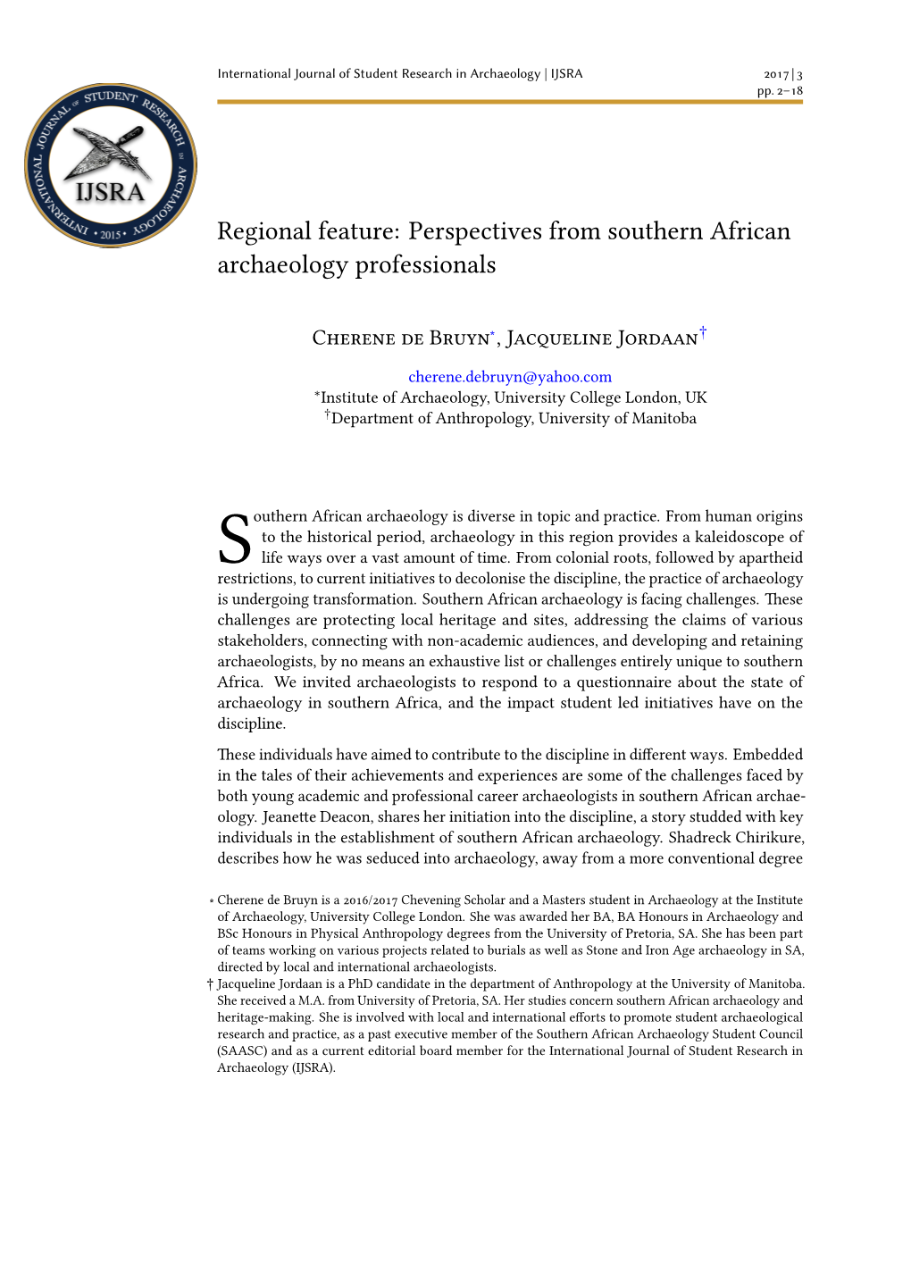 Regional Feature: Perspectives from Southern African Archaeology Professionals