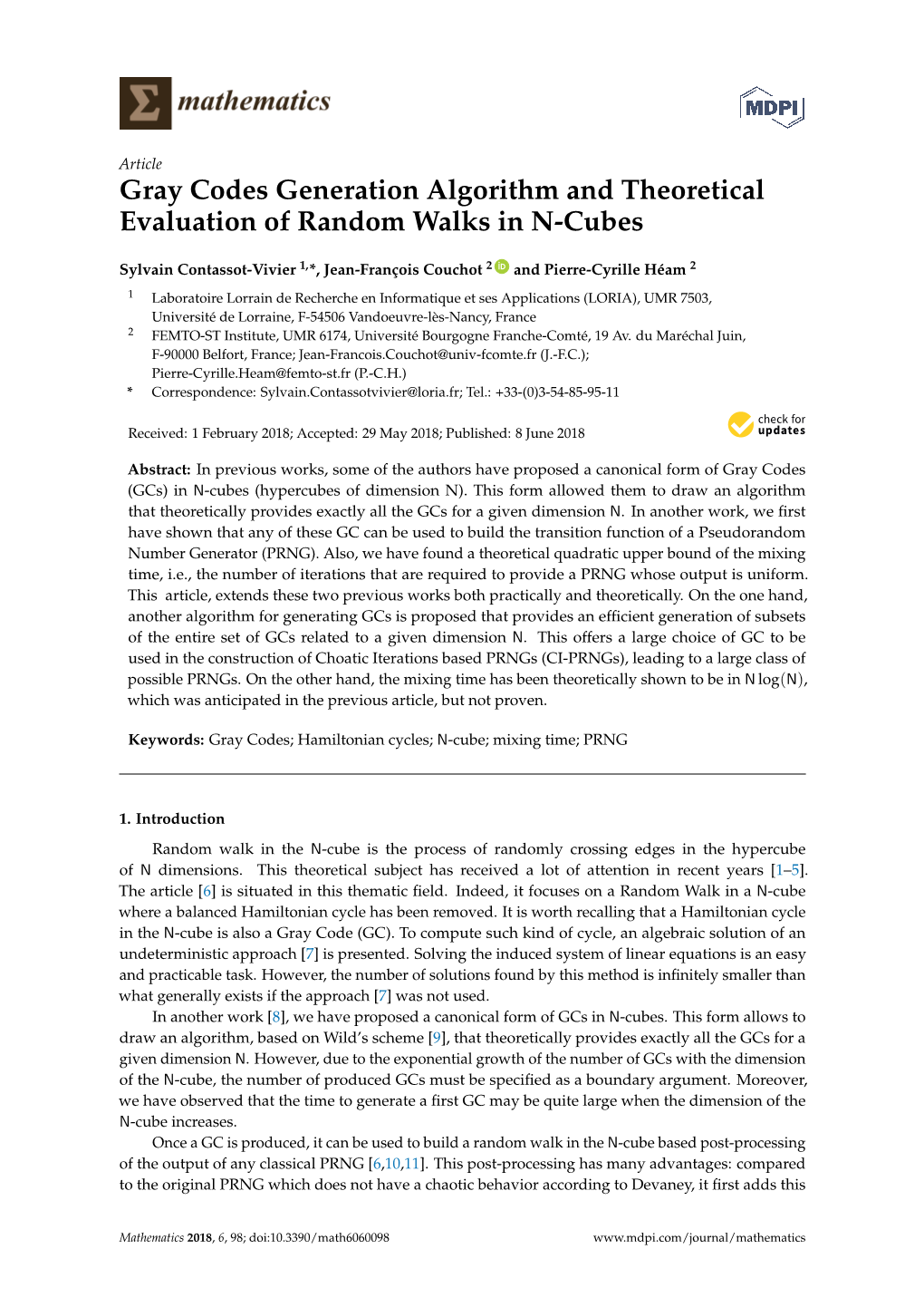 Gray Codes Generation Algorithm and Theoretical Evaluation of Random Walks in N-Cubes