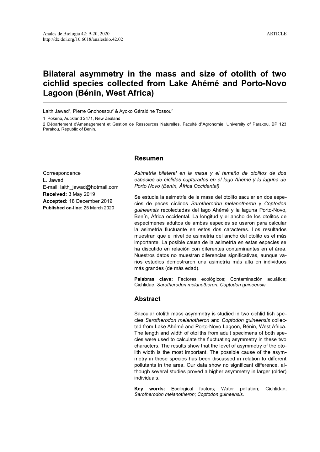 Bilateral Asymmetry in the Mass and Size of Otolith of Two Cichlid Species Collected from Lake Ahémé and Porto-Novo Lagoon Bé