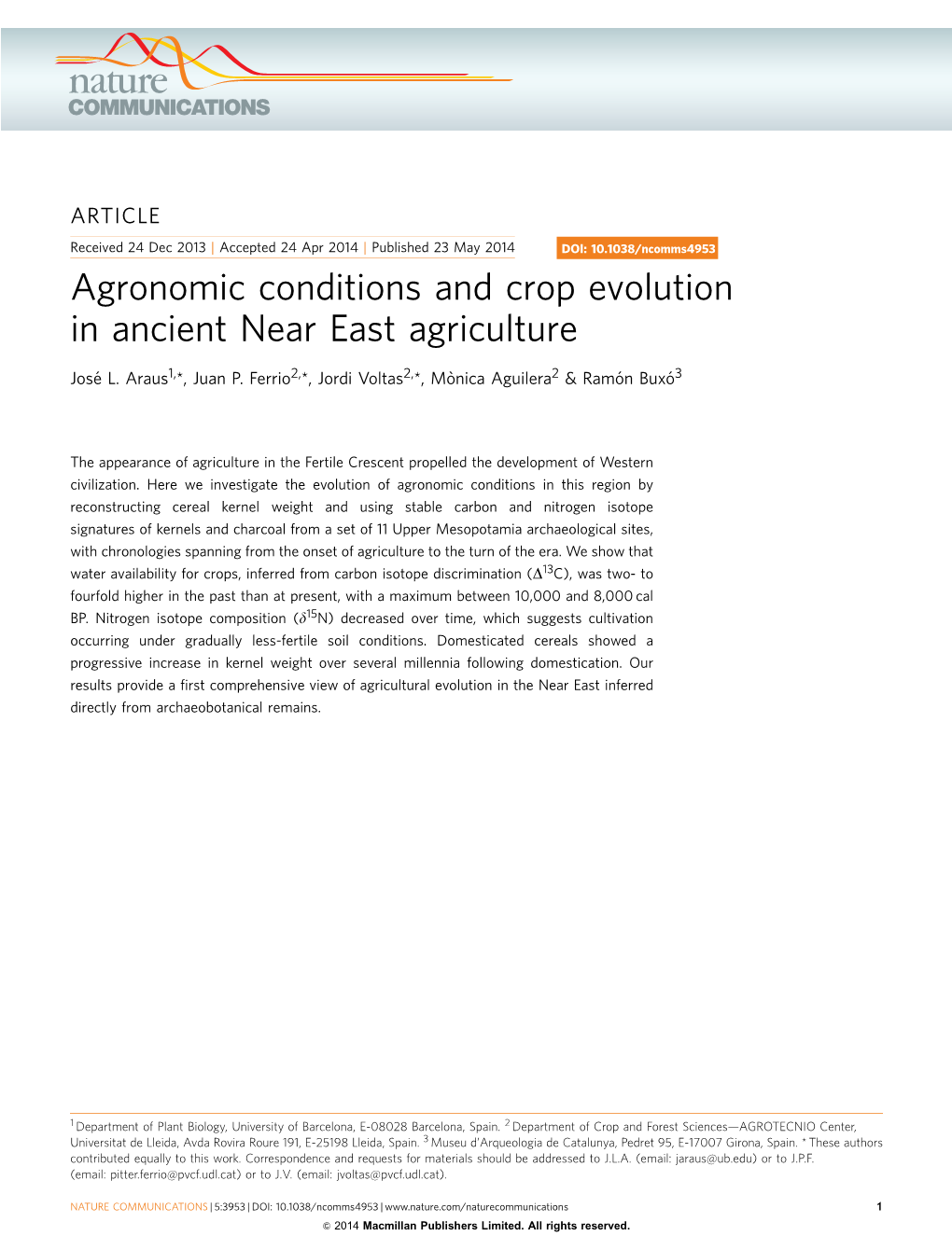 Agronomic Conditions and Crop Evolution in Ancient Near East Agriculture