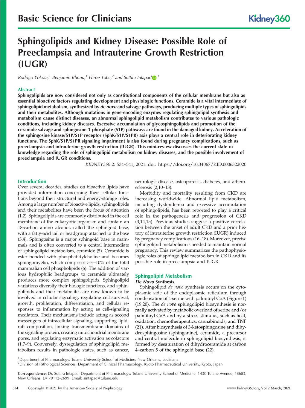 Sphingolipids and Kidney Disease: Possible Role of Preeclampsia and Intrauterine Growth Restriction (IUGR)