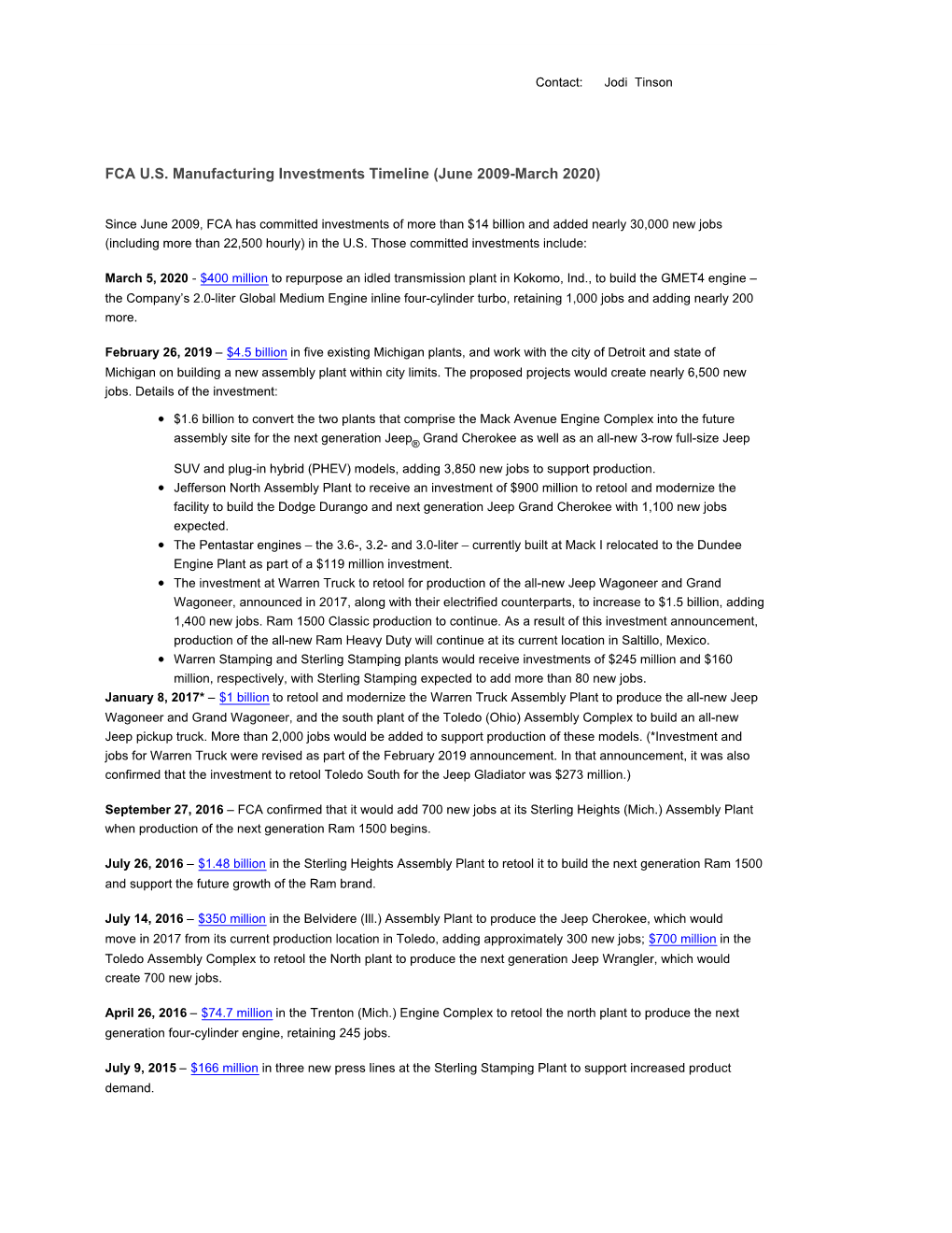 FCA US Manufacturing Investments Timeline