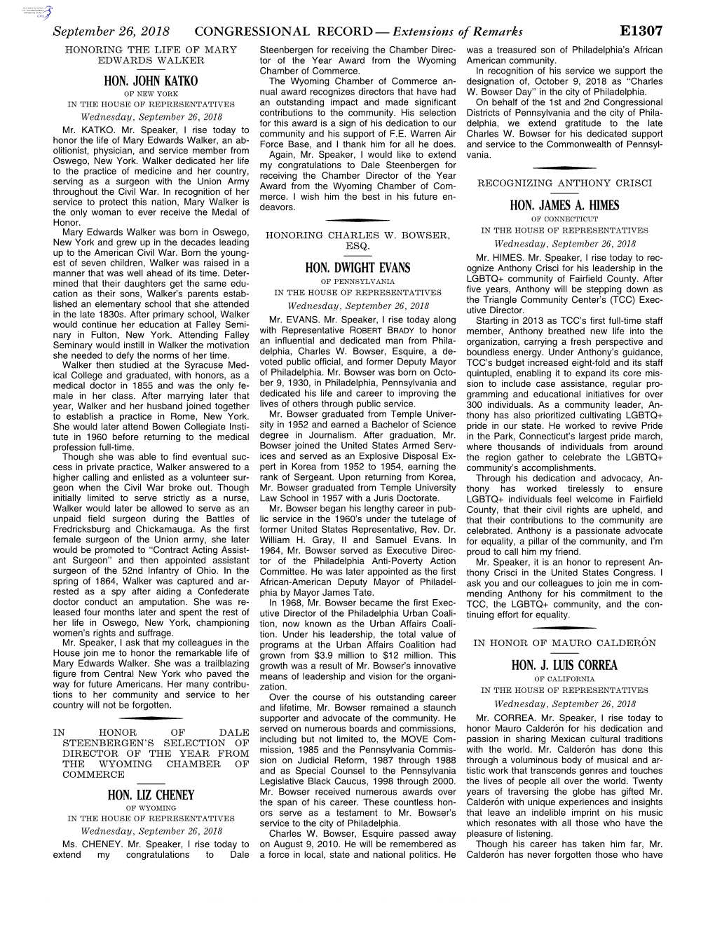 CONGRESSIONAL RECORD— Extensions of Remarks E1307 HON. JOHN KATKO HON. LIZ CHENEY HON. DWIGHT EVANS HON. JAMES A. HIMES HON. J