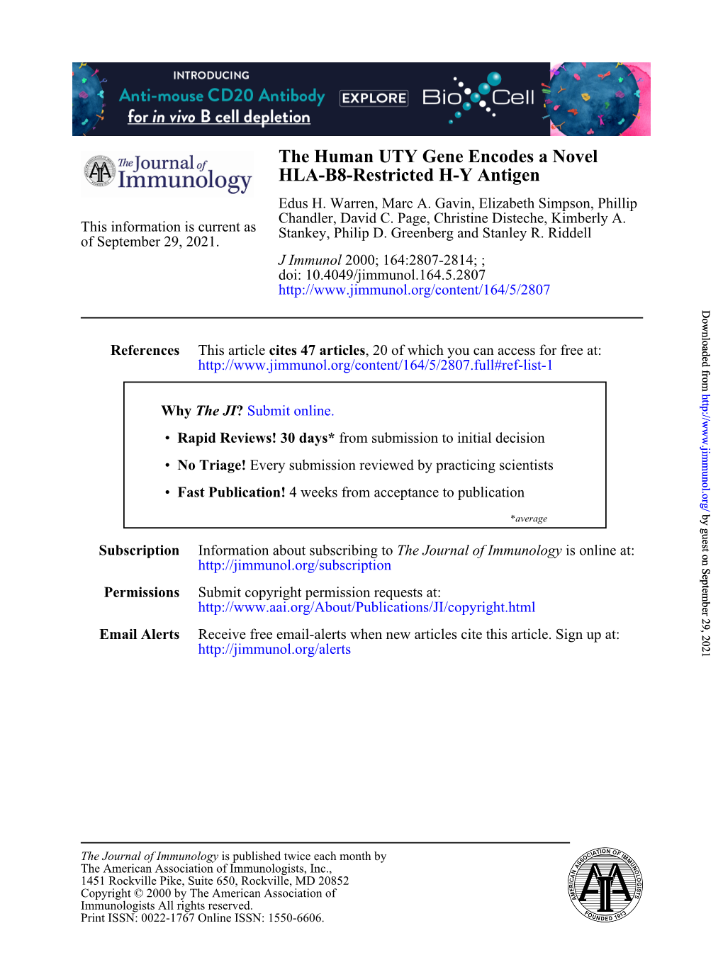 HLA-B8-Restricted H-Y Antigen the Human UTY Gene Encodes a Novel