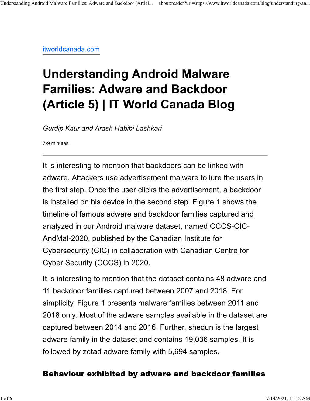 Understanding Android Malware Families: Adware and Backdoor (Articl