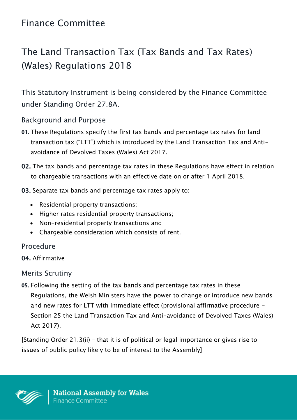 Finance Committee the Land Transaction Tax (Tax Bands and Tax Rates) (Wales) Regulations 2018