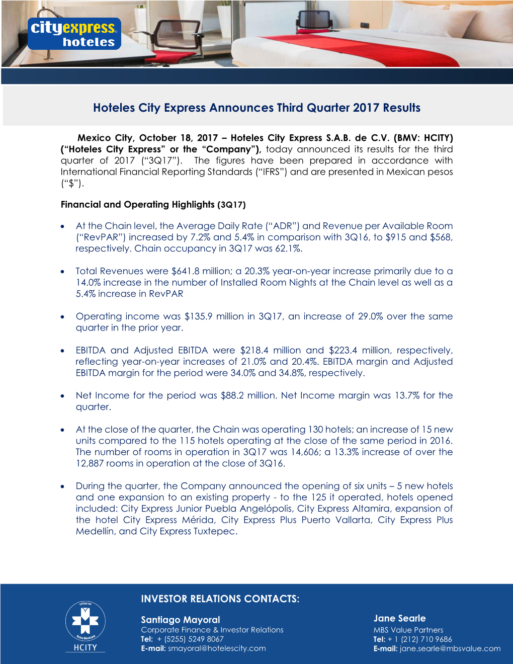 Hoteles City Express Announces Third Quarter 2017 Results