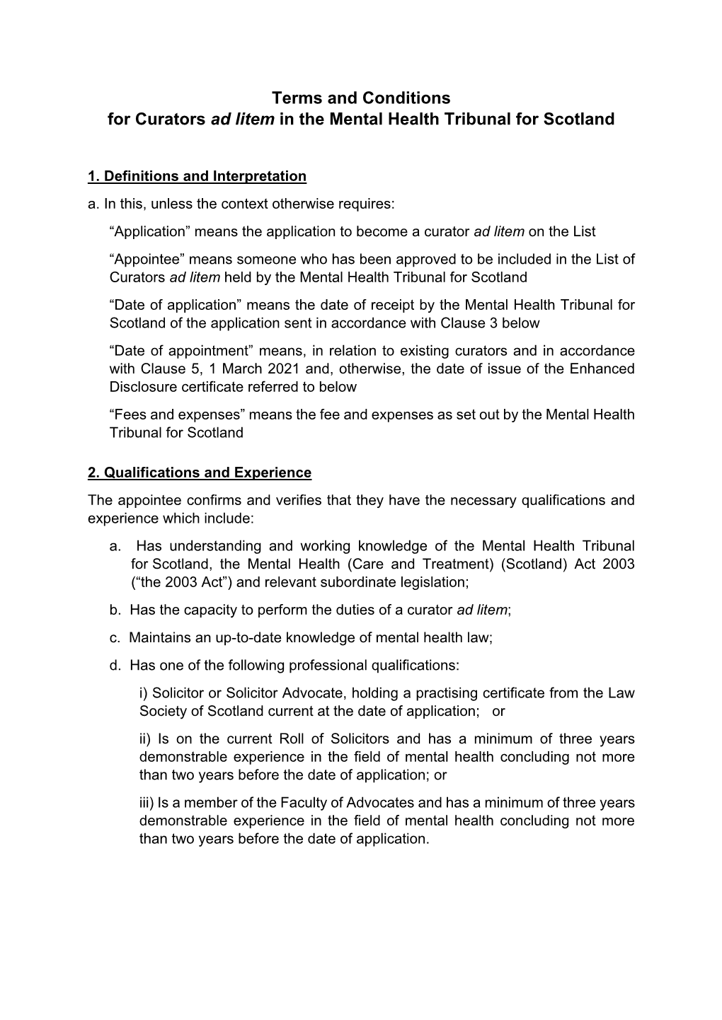 Terms and Conditions for Curators Ad Litem in the Mental Health Tribunal for Scotland