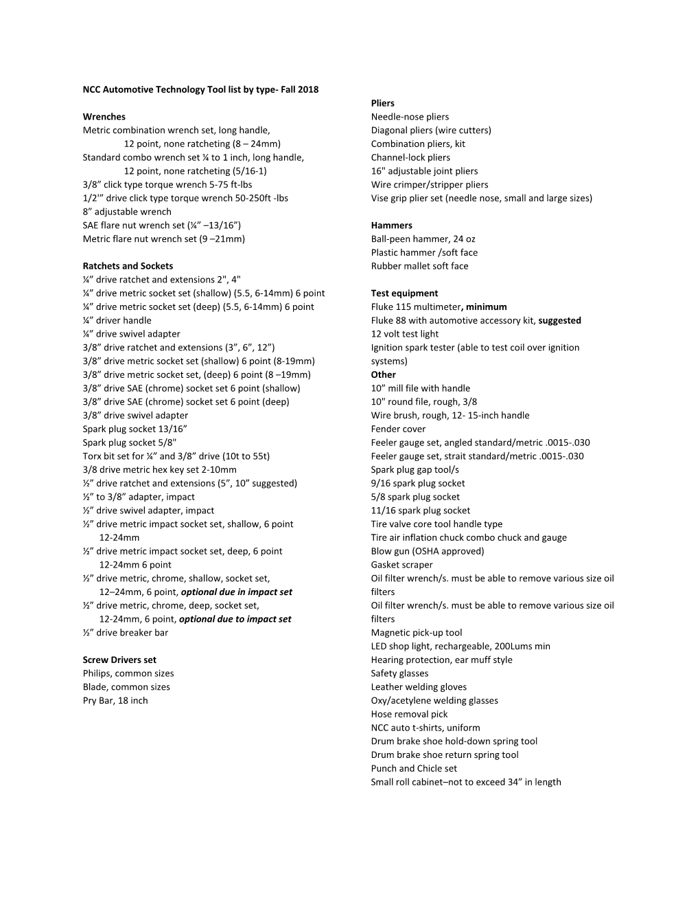 NCC Automotive Technology Tool List by Type- Fall 2018 Wrenches Metric