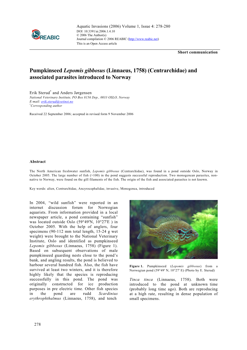 Pumpkinseed Lepomis Gibbosus (Linnaeus, 1758) (Centrarchidae) and Associated Parasites Introduced to Norway