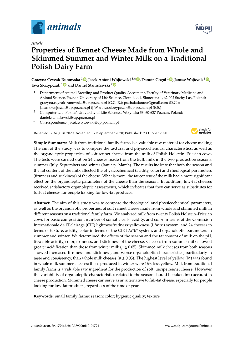 Properties of Rennet Cheese Made from Whole and Skimmed Summer and Winter Milk on a Traditional Polish Dairy Farm