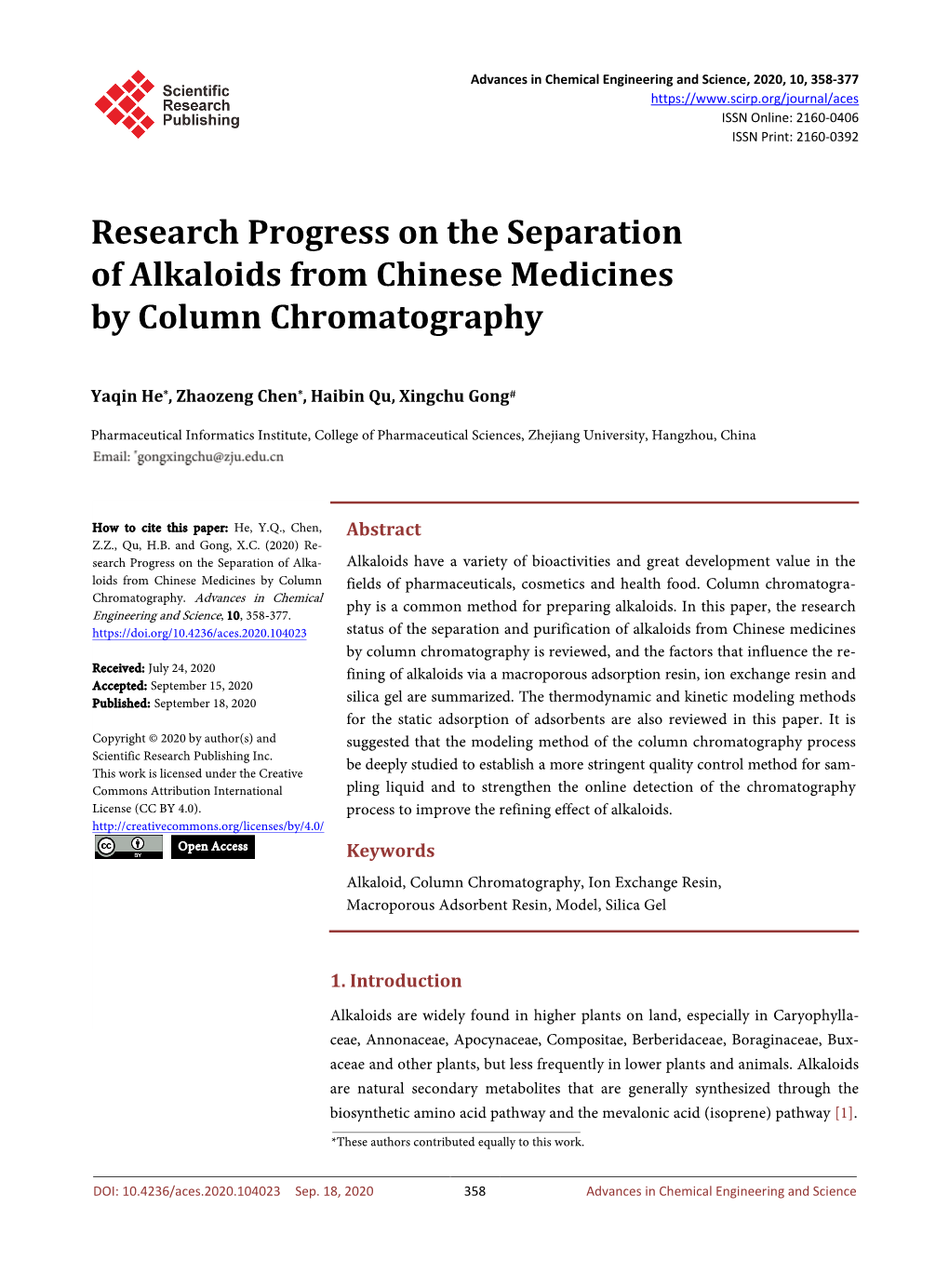 Research Progress on the Separation of Alkaloids from Chinese Medicines by Column Chromatography