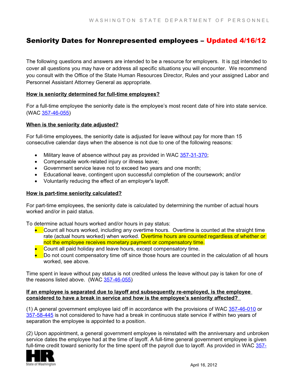 Seniority Dates for Nonrepresented Employees Updated 4/16/12