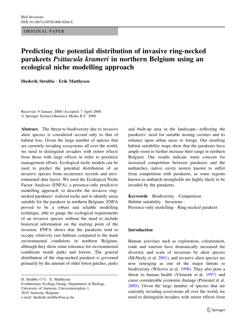 Predicting the Potential Distribution of Invasive Ring-Necked Parakeets Psittacula Krameri in Northern Belgium Using an Ecological Niche Modelling Approach