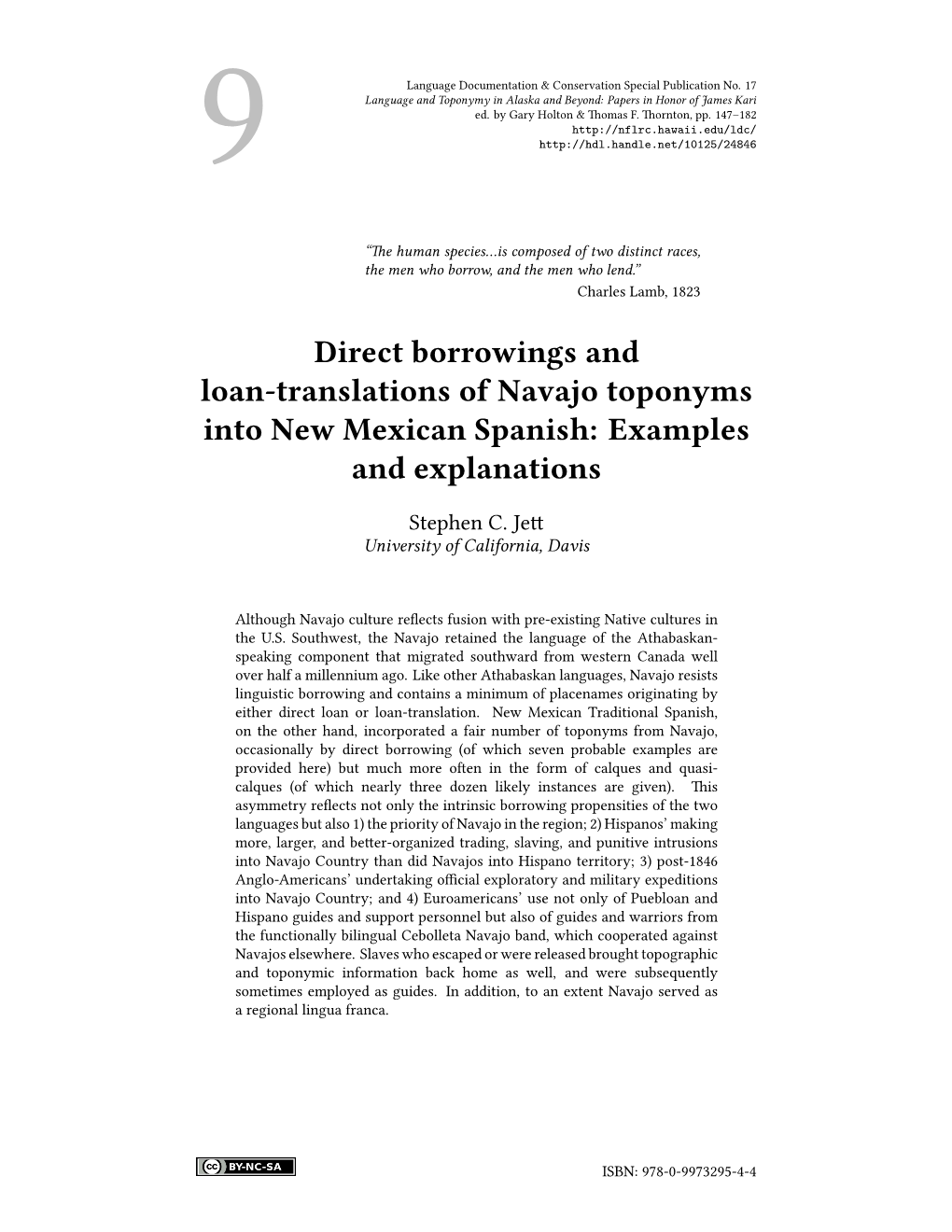 Direct Borrowings and Loan-Translations of Navajo Toponyms Into New Mexican Spanish: Examples and Explanations