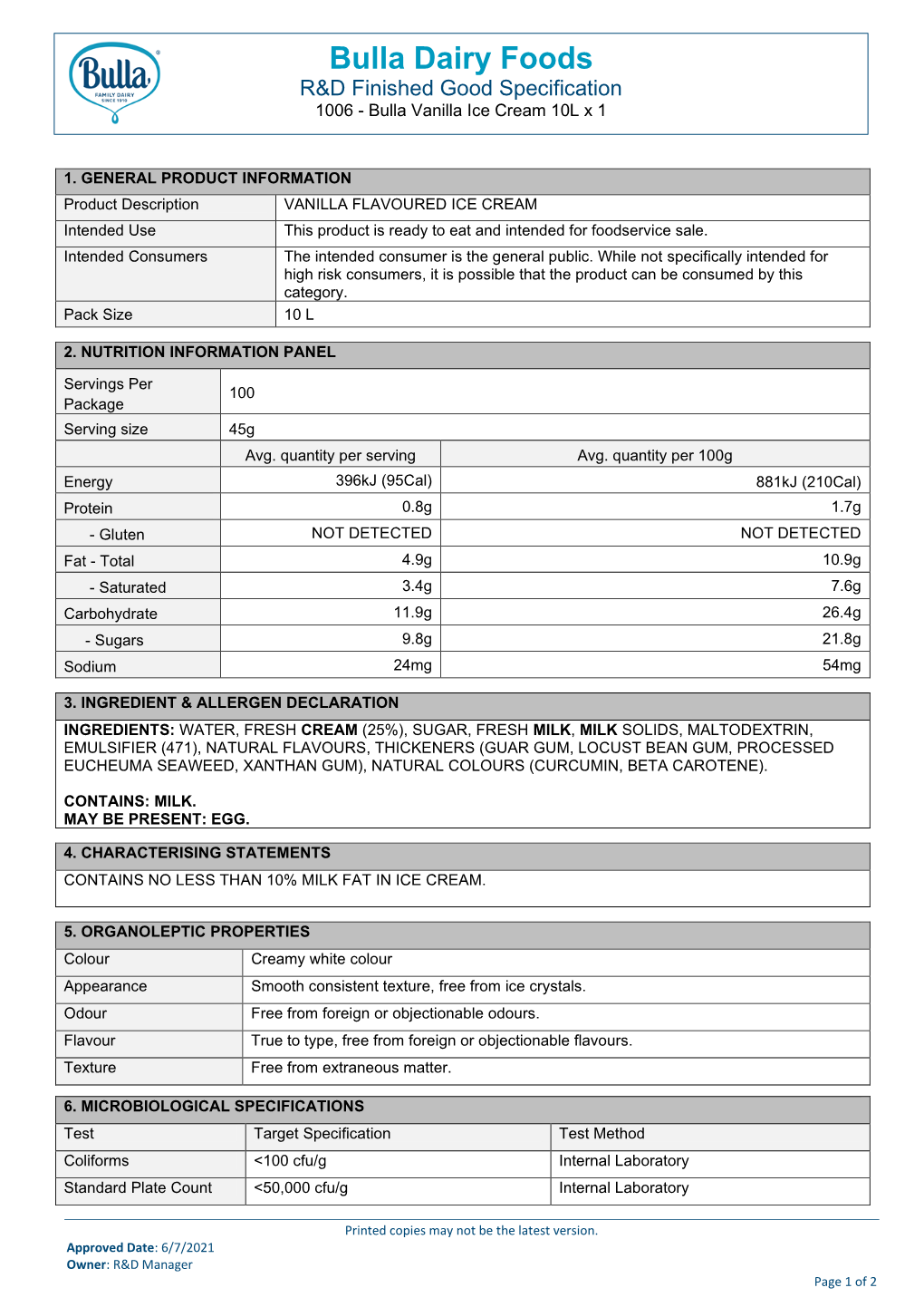 Bulla Dairy Foods R&D Finished Good Specification 1006 - Bulla Vanilla Ice Cream 10L X 1