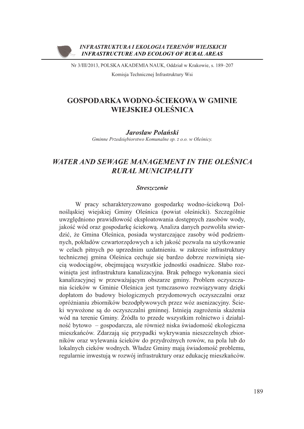 Gospodarka Wodno-Ściekowa W Gminie Wiejskiej Oleśnica