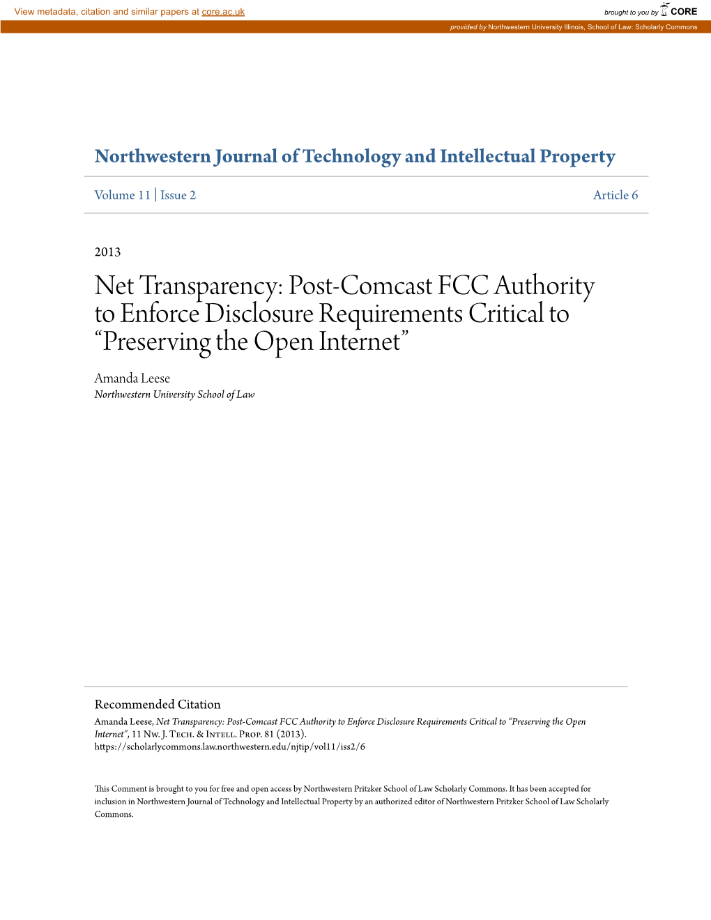 Post-Comcast FCC Authority to Enforce Disclosure Requirements Critical to Â•Œpreserving the Open Internet