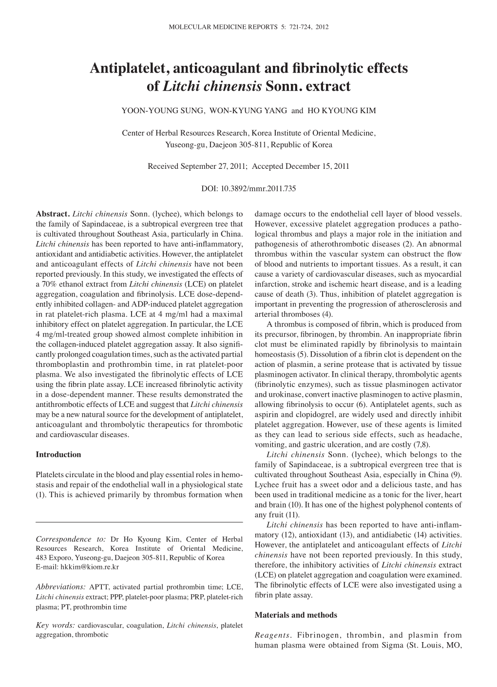 Antiplatelet, Anticoagulant and Fibrinolytic Effects of Litchi Chinensis Sonn