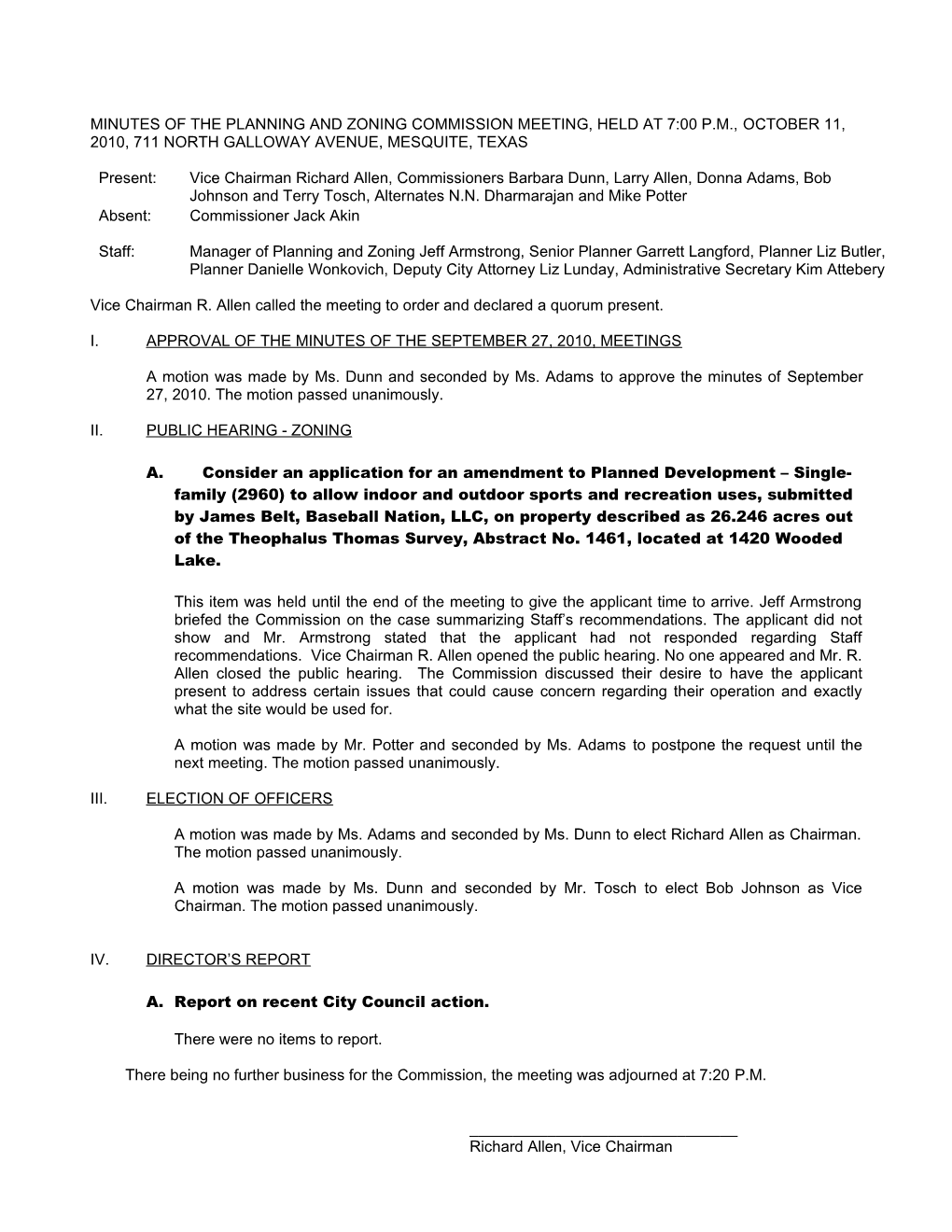 Minutes of the Planning and Zoning Commission Meeting, Held at 7:00 P