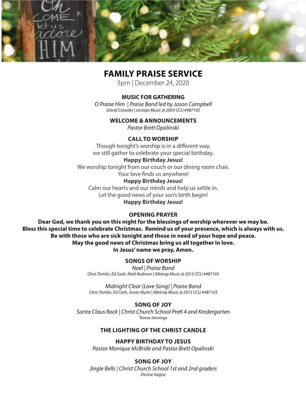 FAMILY PRAISE SERVICE 5Pm | December 24, 2020