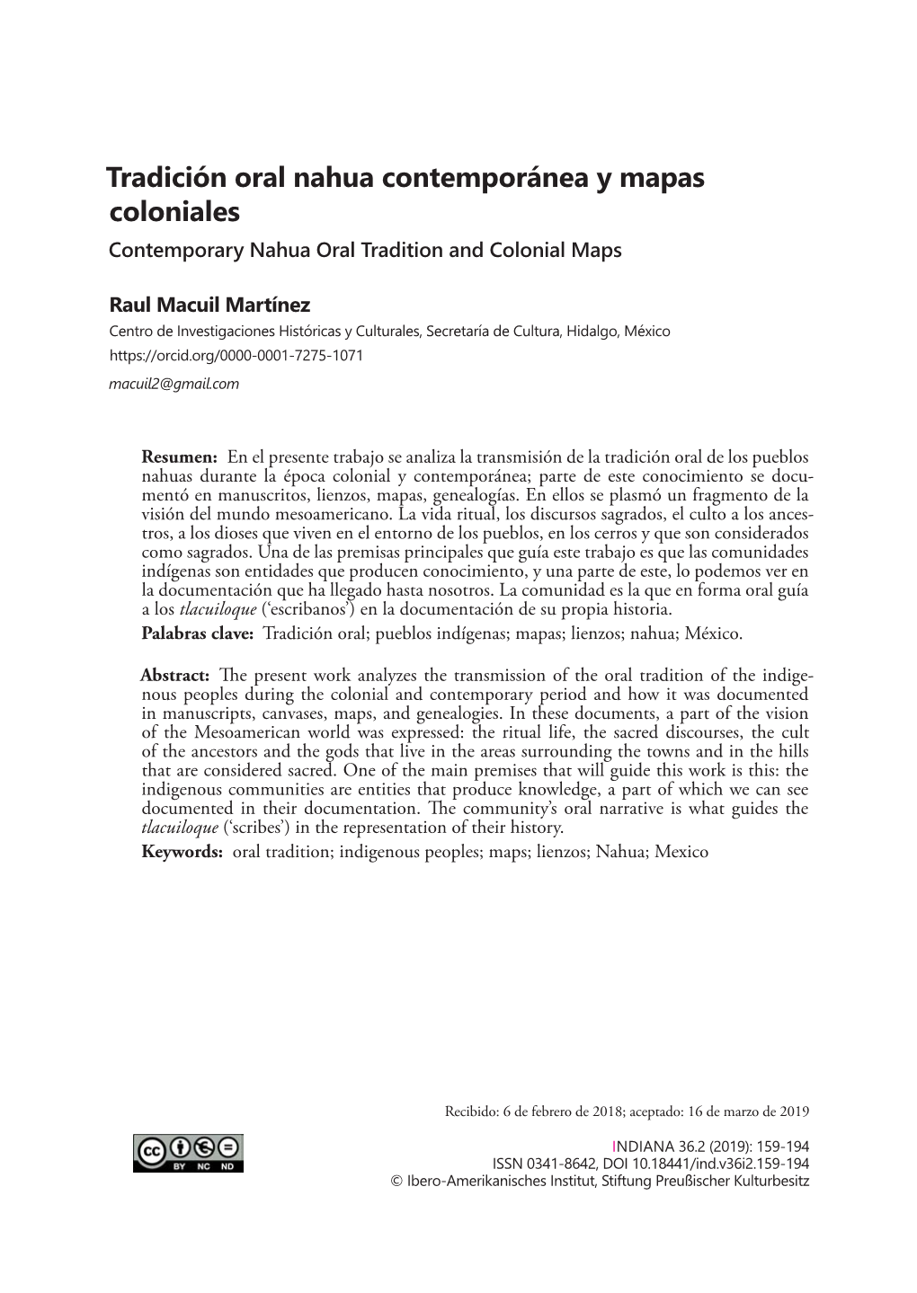 Tradición Oral Nahua Contemporánea Y Mapas Coloniales Contemporary Nahua Oral Tradition and Colonial Maps