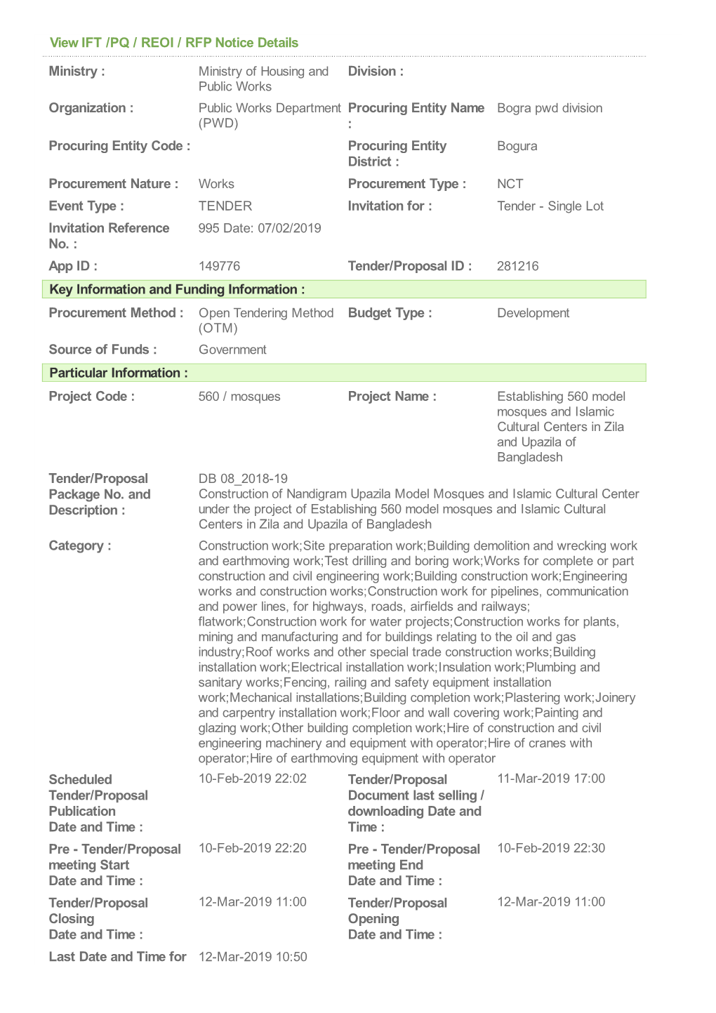 View IFT /PQ / REOI / RFP Notice Details