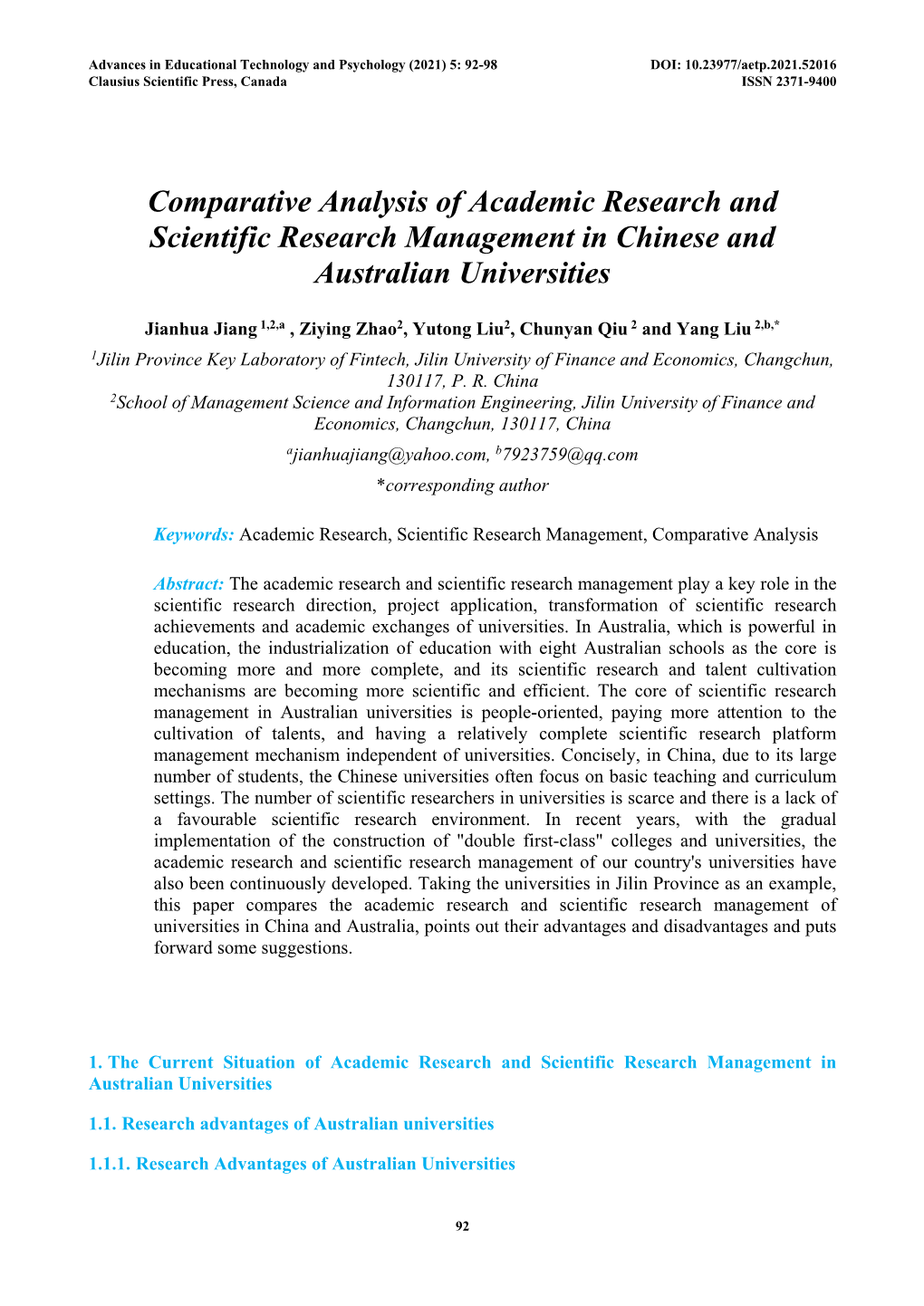 Comparative Analysis of Academic Research and Scientific Research Management in Chinese and Australian Universities
