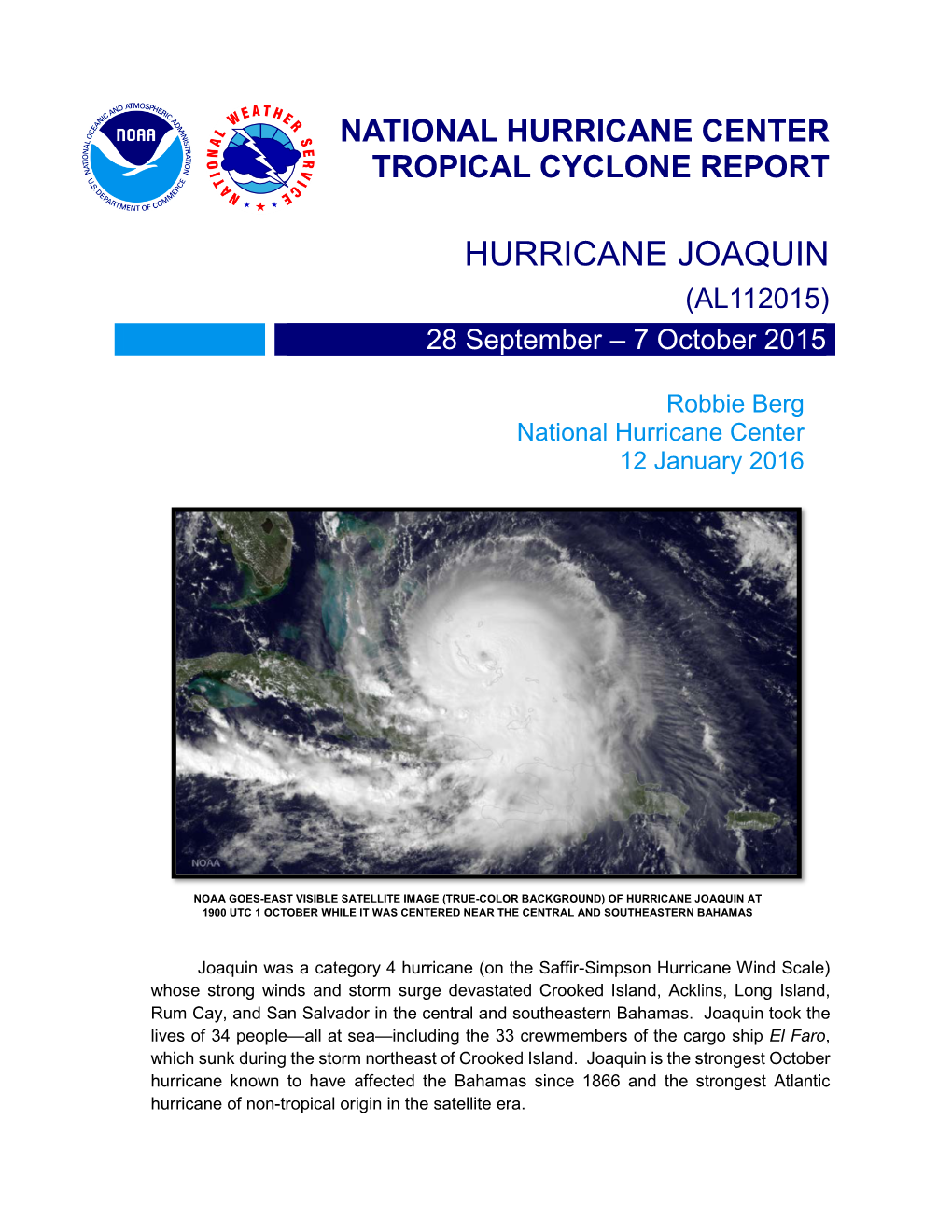 HURRICANE JOAQUIN (AL112015) 28 September – 7 October 2015