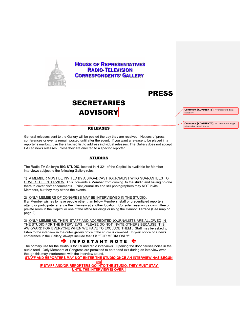 Press Secretaries Advisory