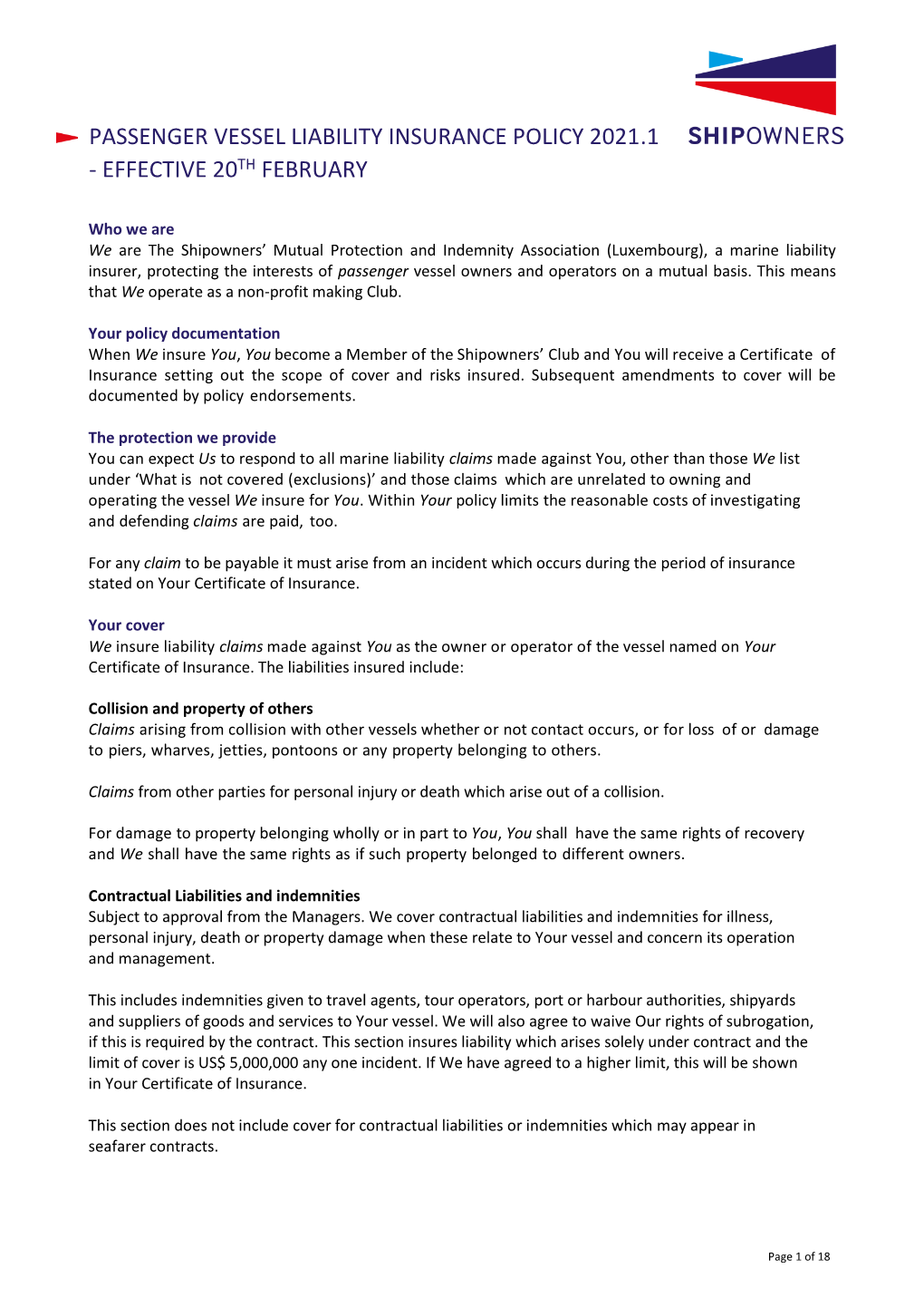 Passenger Vessel Liability Insurance Policy 2021.1 - Effective 20Th February