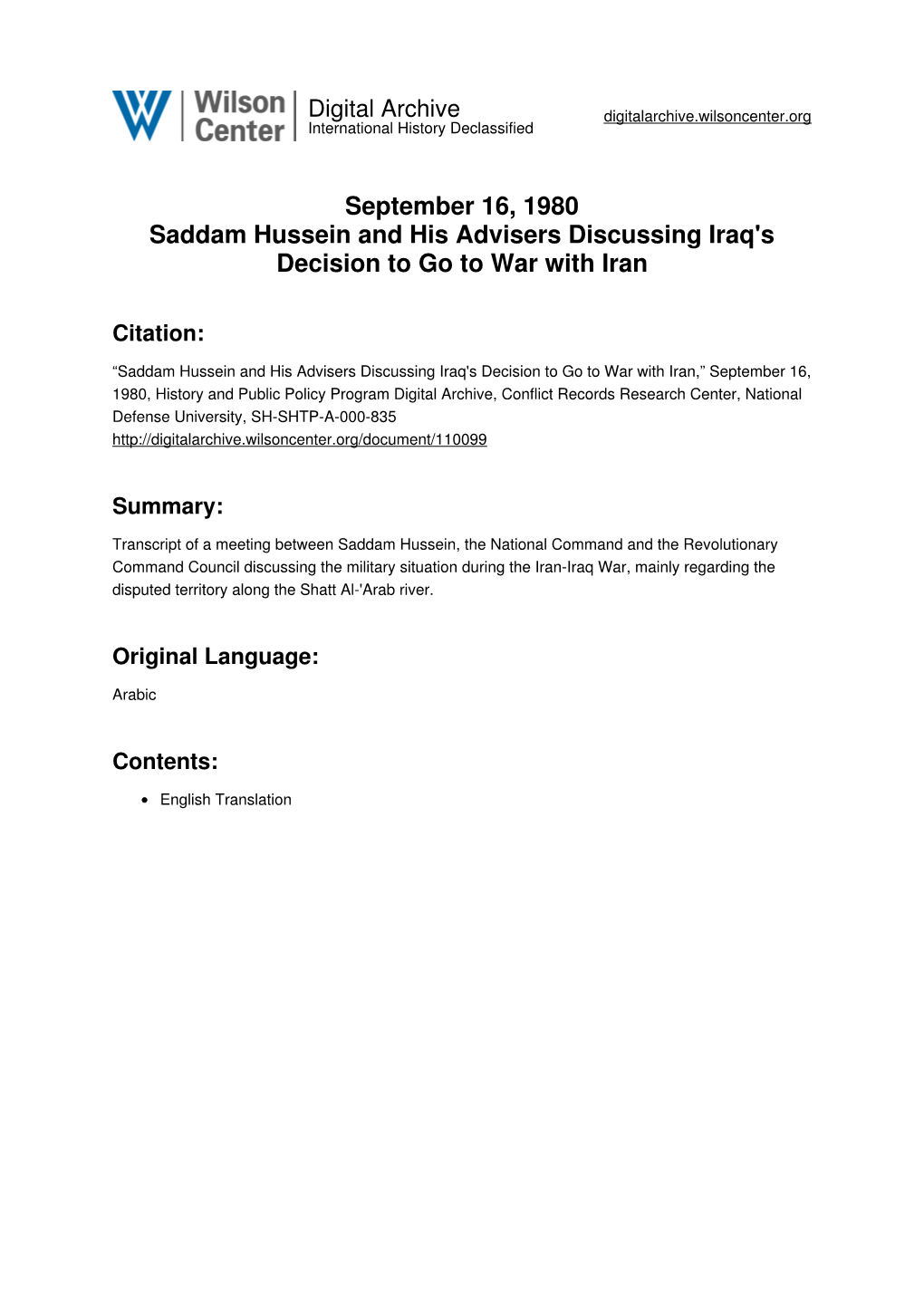 September 16, 1980 Saddam Hussein and His Advisers Discussing Iraq's Decision to Go to War with Iran