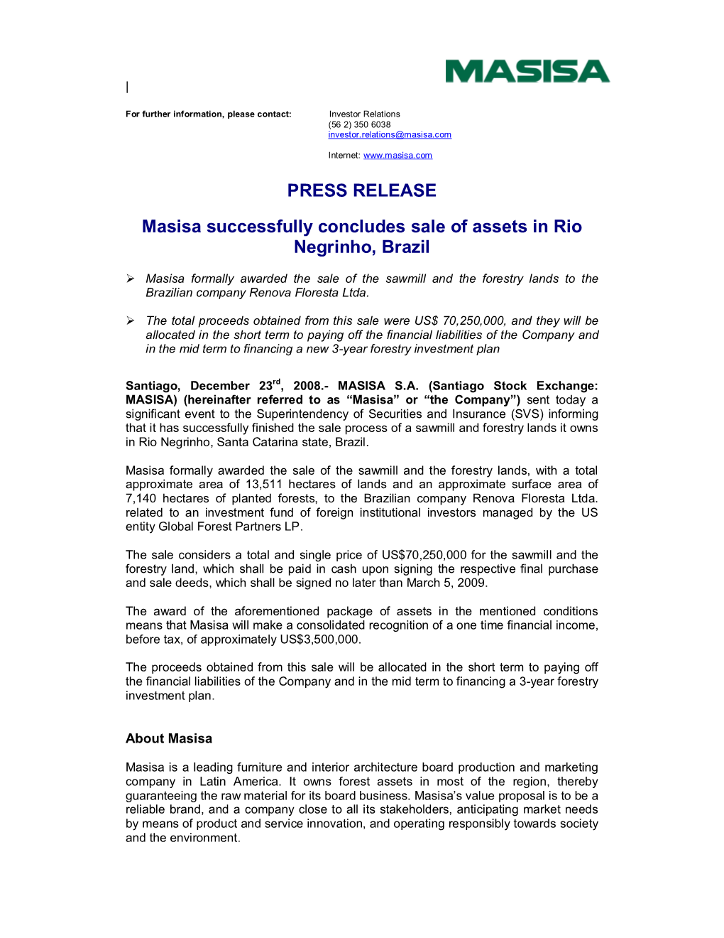 PRESS RELEASE Masisa Successfully Concludes Sale of Assets in Rio Negrinho, Brazil