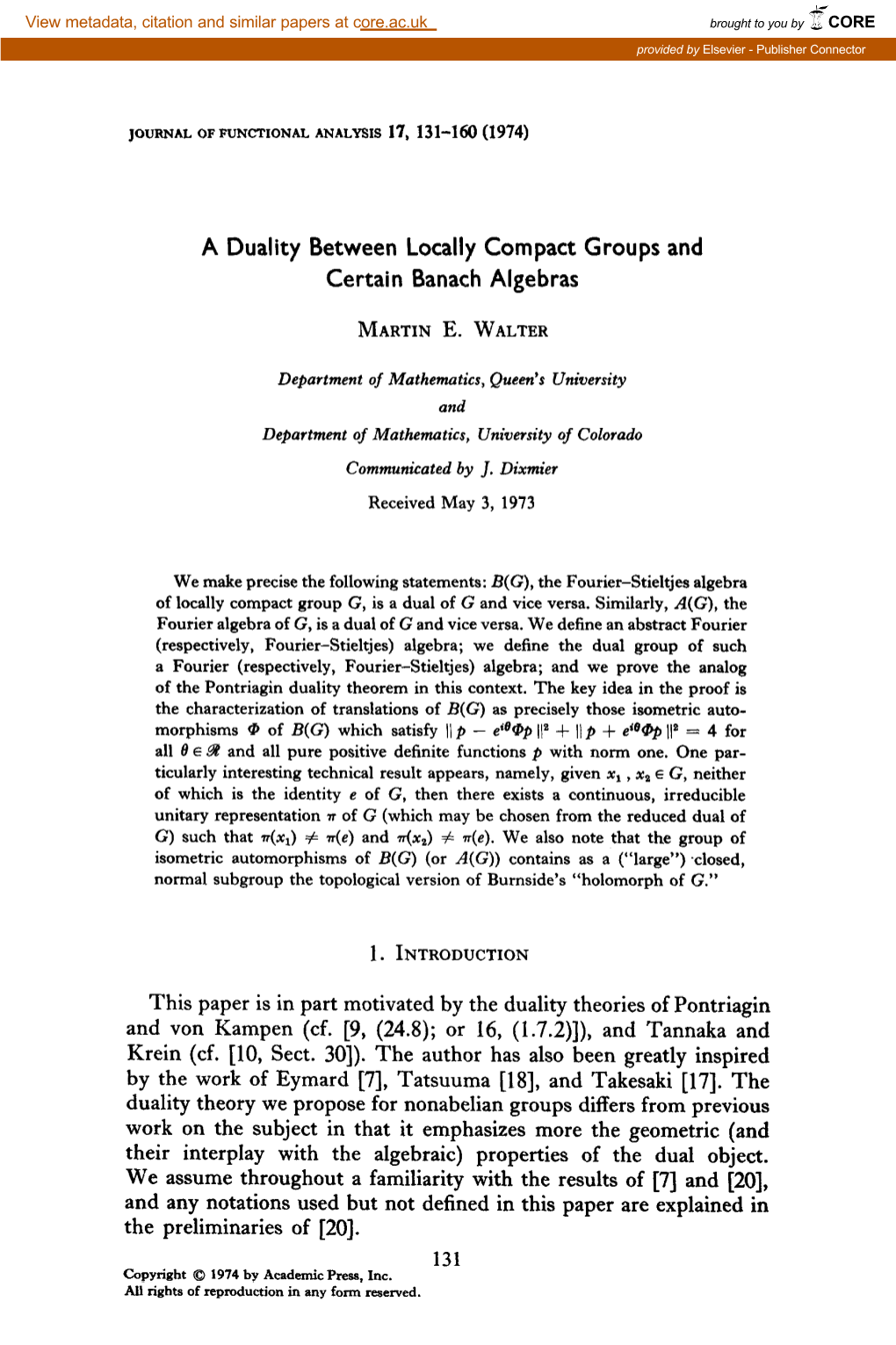 A Duality Between Locally Compact Groups and Certain Banach Algebras