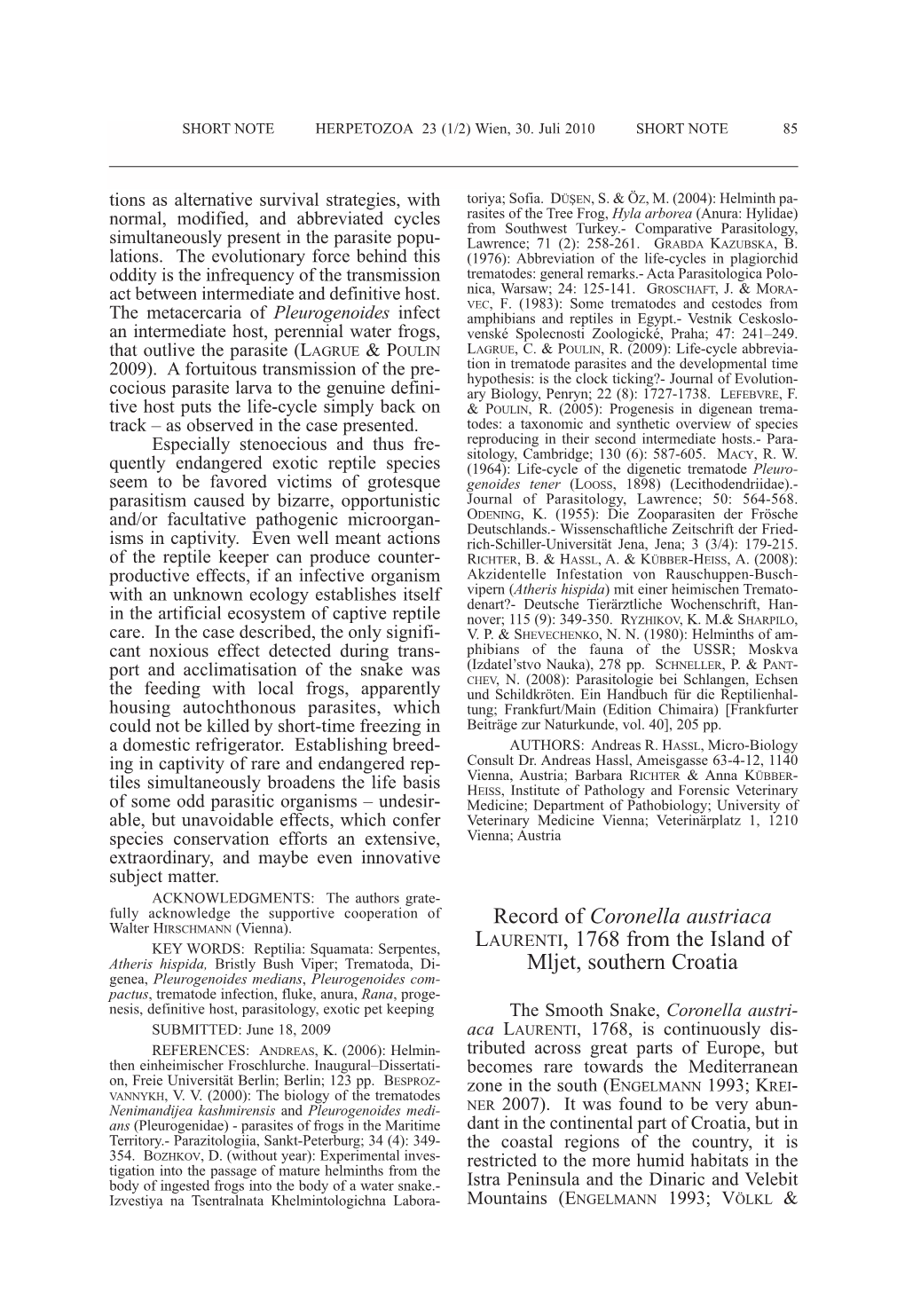 Record of Coronella Austriaca LAURENTI, 1768 from the Island Of