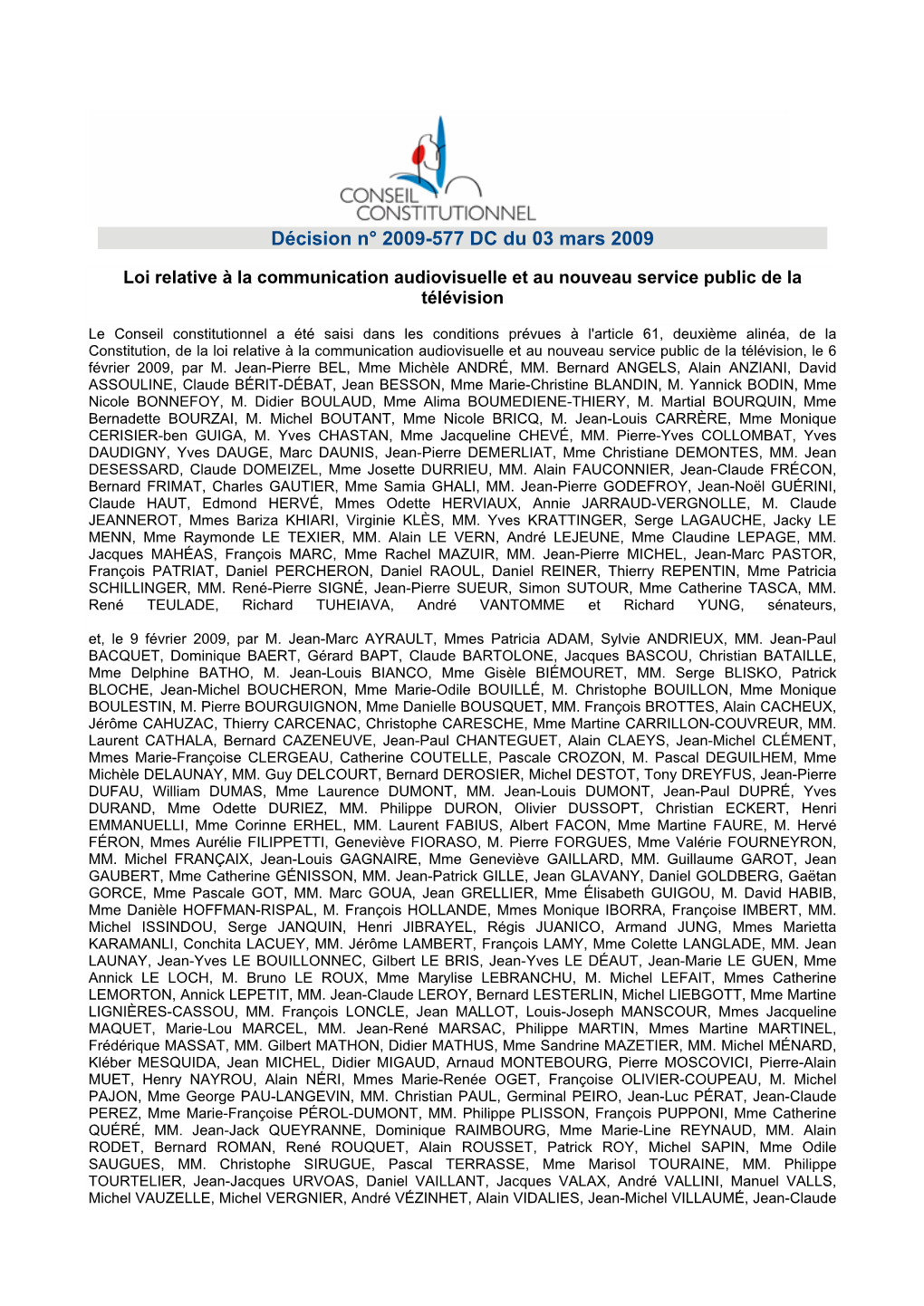 Décision N° 2009-577 DC Du 03 Mars 2009