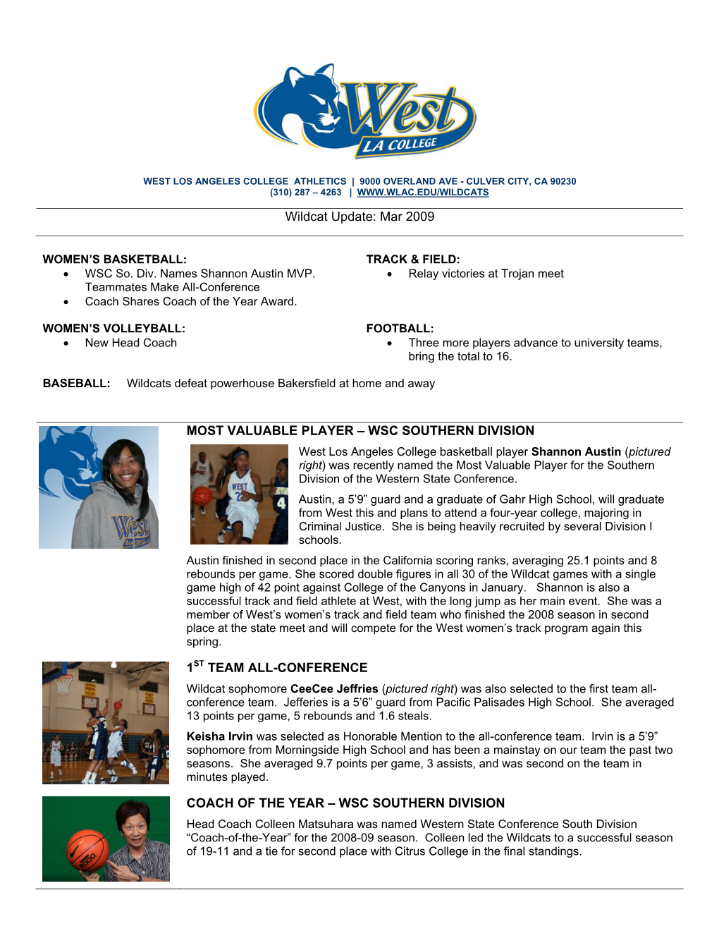 Wildcat Update: Mar 2009 MOST VALUABLE PLAYER – WSC