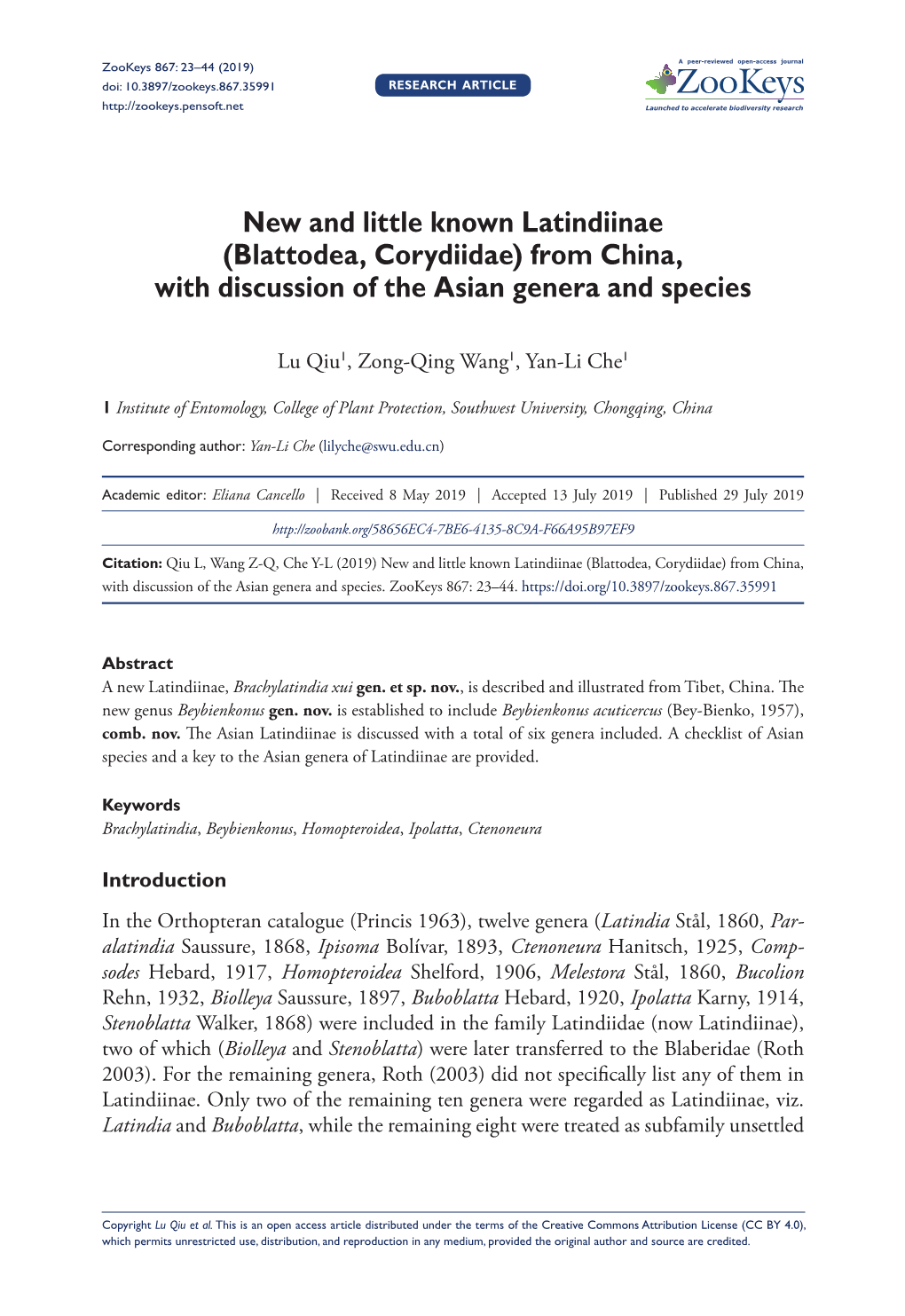 Blattodea, Corydiidae) from China, with Discussion of the Asian Genera and Species