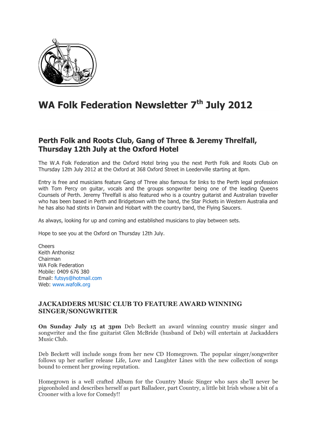 WA Folk Federation Newsletter 7Th July 2012