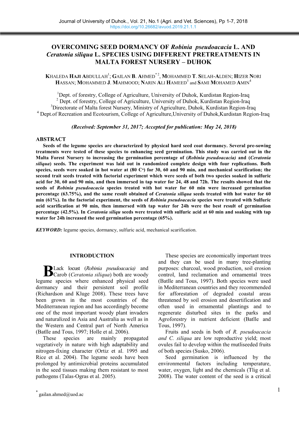 OVERCOMING SEED DORMANCY of Robinia Pseudoacacia L. and Ceratonia Siliqua L