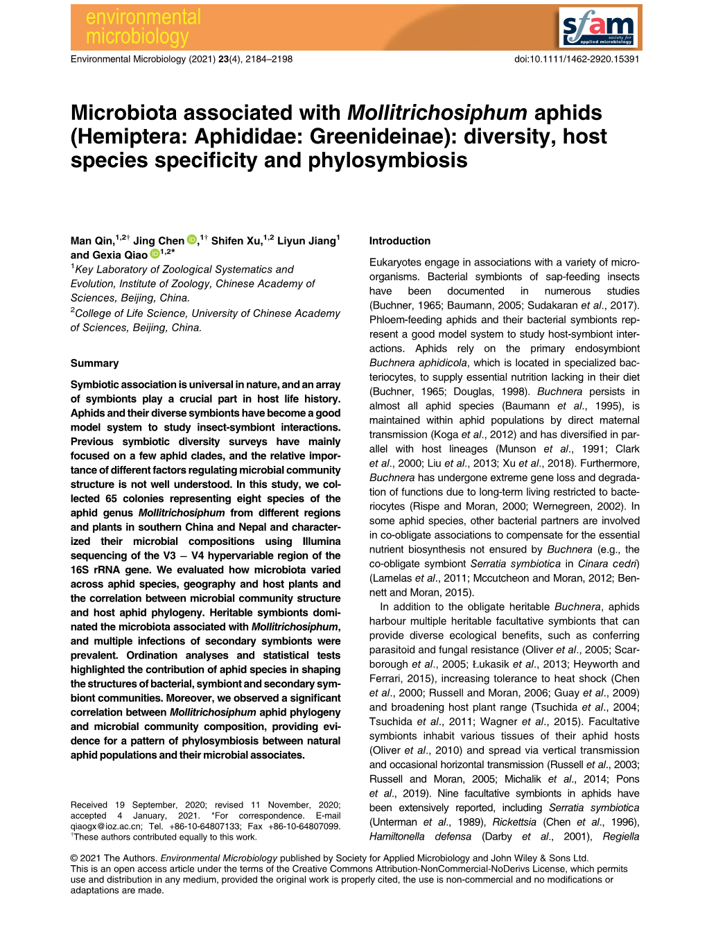 Microbiota Associated with Mollitrichosiphum Aphids (Hemiptera: Aphididae: Greenideinae): Diversity, Host Species Speciﬁcity and Phylosymbiosis