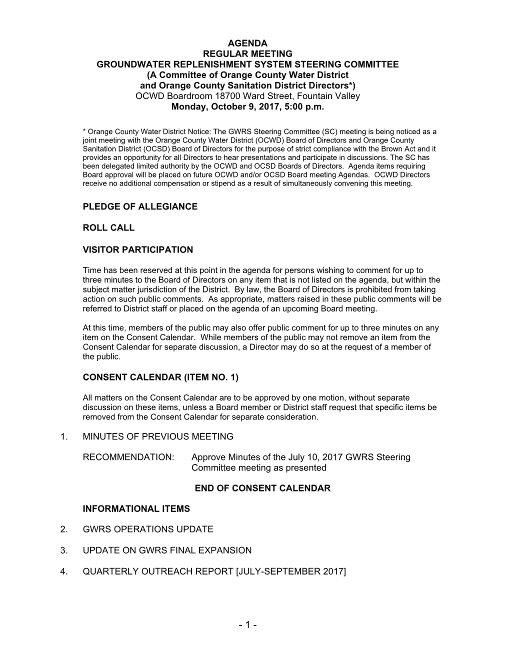 AGENDA REGULAR MEETING GROUNDWATER REPLENISHMENT SYSTEM STEERING COMMITTEE (A Committee of Orange County Water District And