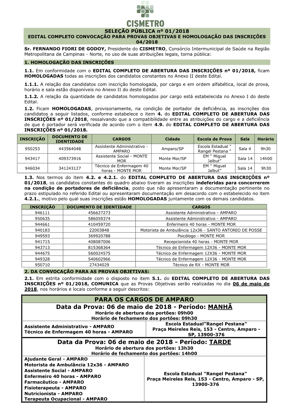 PARA OS CARGOS DE AMPARO Data Da Prova: 06 De Maio De 2018