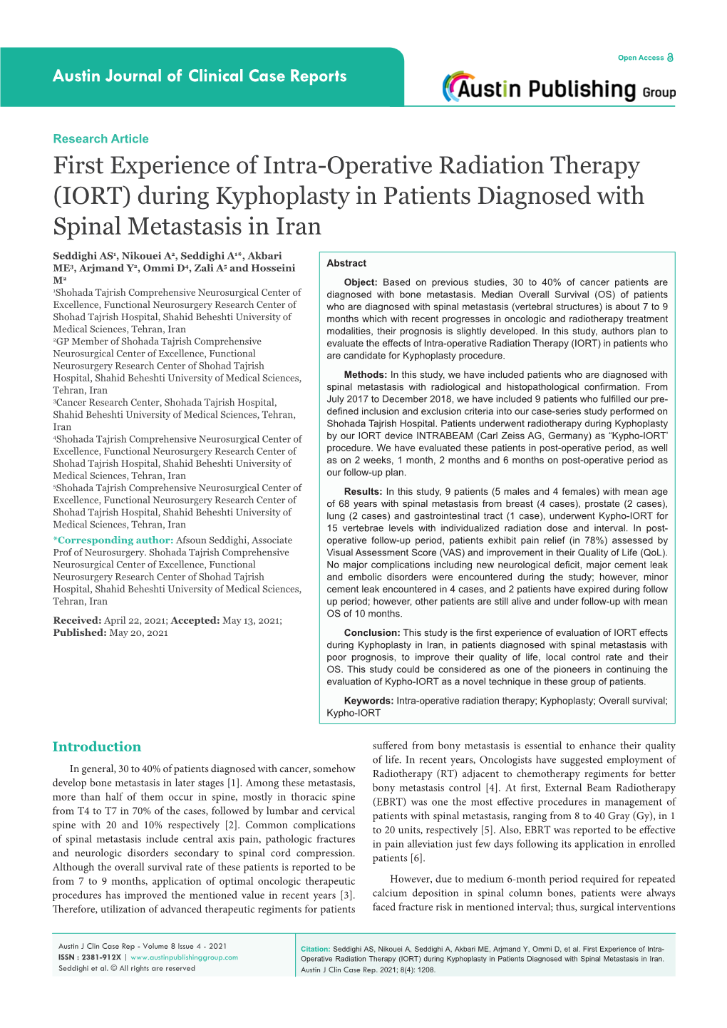 First Experience of Intra-Operative Radiation Therapy (IORT) During Kyphoplasty in Patients Diagnosed with Spinal Metastasis in Iran