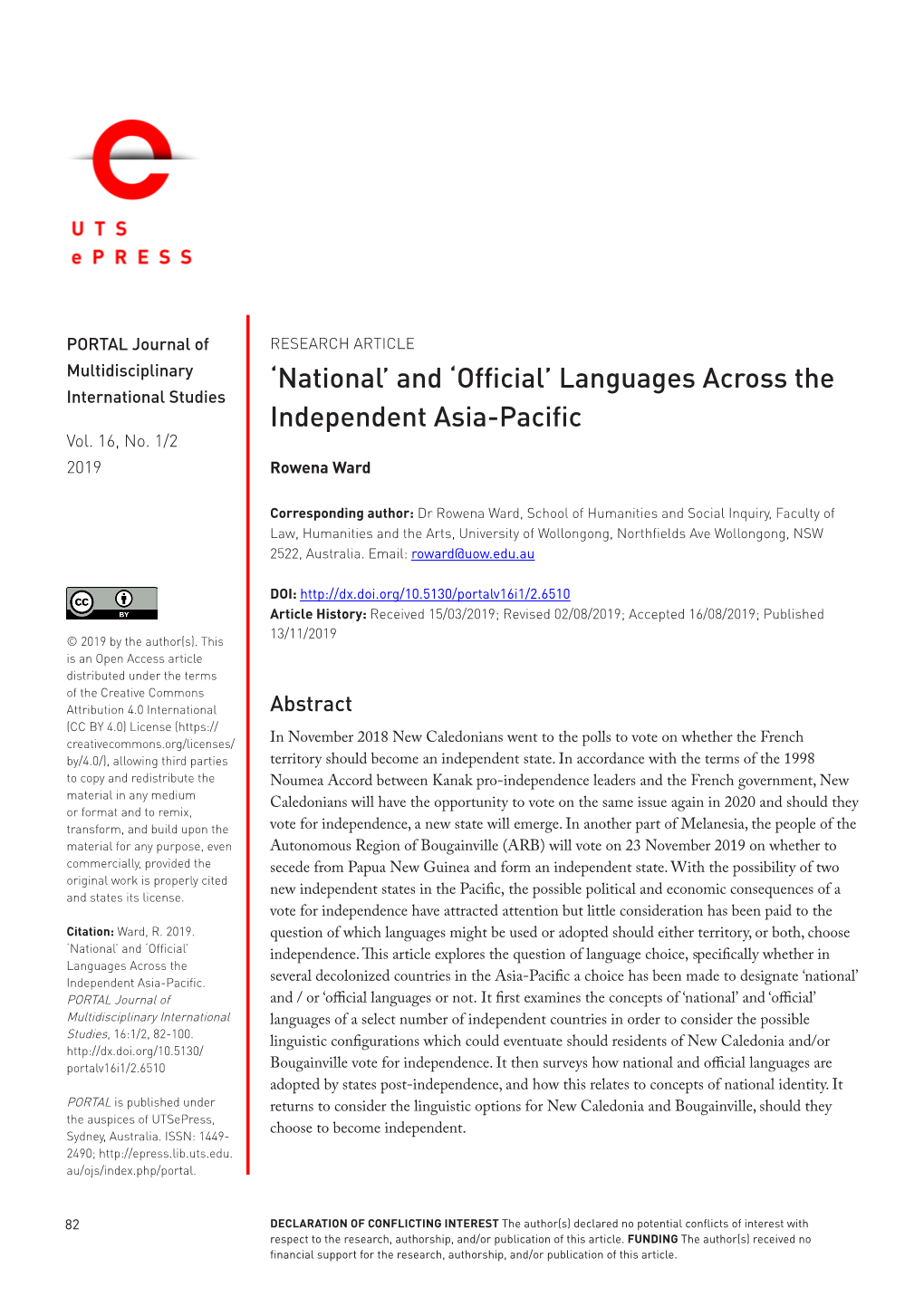 'National' and 'Official' Languages Across the Independent Asia-Pacific