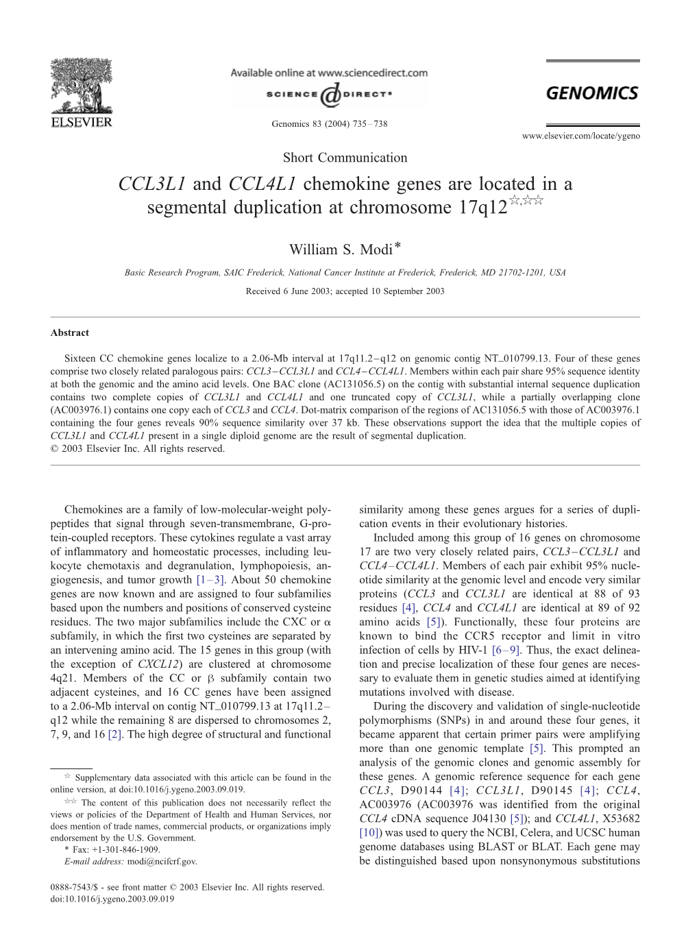 CCL3L1 and CCL4L1 Chemokine Genes Are Located in a Segmental Duplication at Chromosome 17Q12$,$$