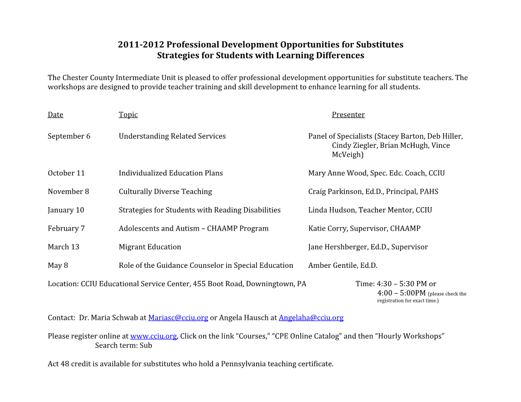 2011-2012 Professional Development Opportunities for Substitutes