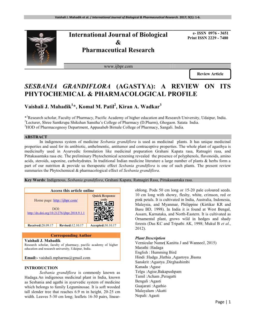 Sesbania Grandiflora (Agastya): a Review on Its Phytochemical & Pharmacological Profile