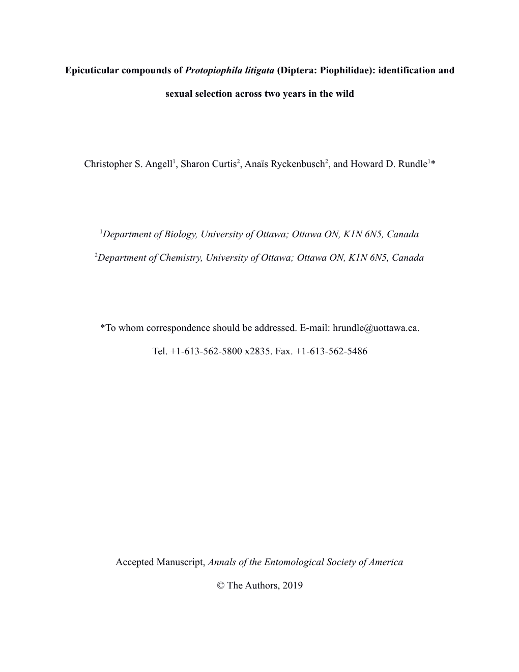 Epicuticular Compounds of Protopiophila Litigata (Diptera: Piophilidae): Identification And