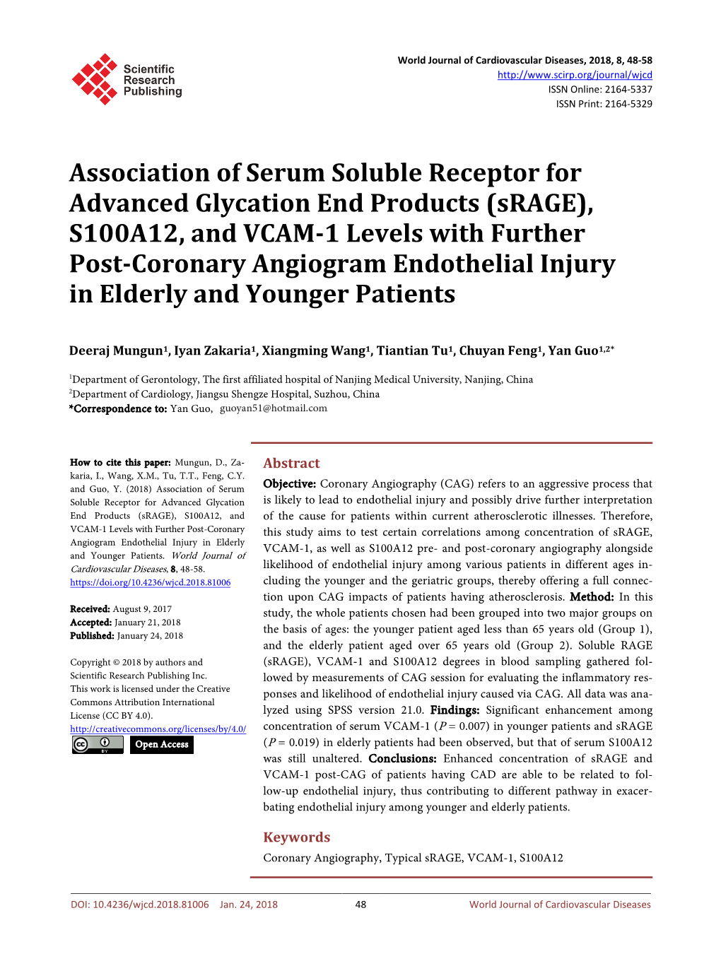 (Srage), S100A12, and VCAM-1 Levels with Further Post-Coronary Angiogram Endothelial Injury in Elderly and Younger Patients